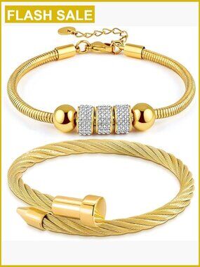 Adjustable Stackable Bangle & Chain Bracelet Set, 18K Gold Plated Stainless